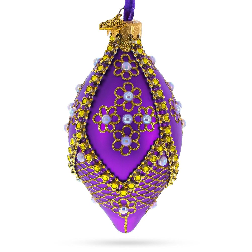 Golden Pearl Flowers On Purple Glass Rhombus Ornament  |   Finials Finials Finials