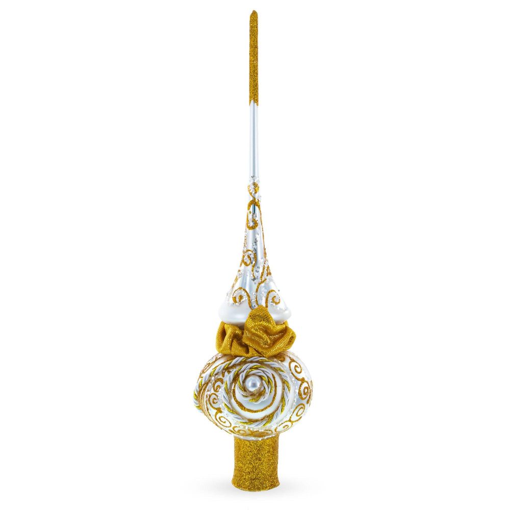 Golden Twisted Rope And Bow On White Mouth Blown Glass Christmas Tree Topper 11 Inches  |   Tree Toppers Ornaments Tree Toppers