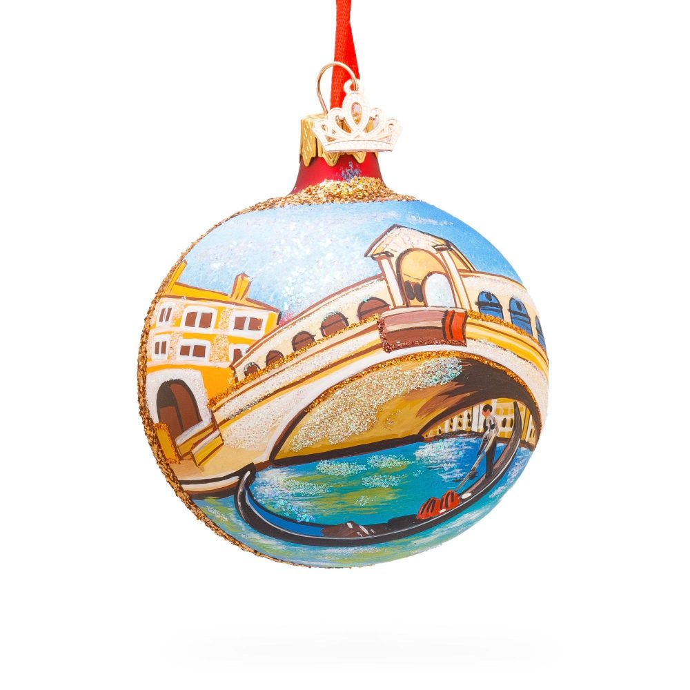 Gondola Under The Rialto Bridge, Venice, Italy Glass Ball Christmas Ornament 3.25 Inches  |   Travel Ornaments Travel