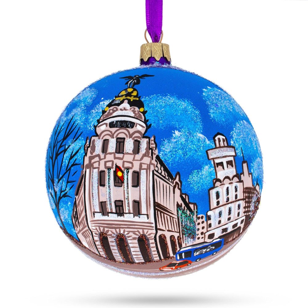 Gran Via, Madrid, Spain Glass Ball Christmas Ornament 4 Inches  |   Travel Ornaments Travel