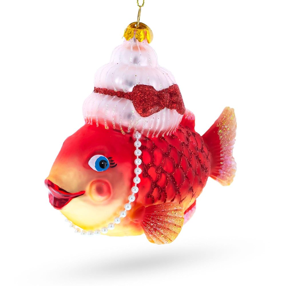 Grandma Fish In Santa Hat Blown Glass Christmas Ornament  |   Animals Animals Animals