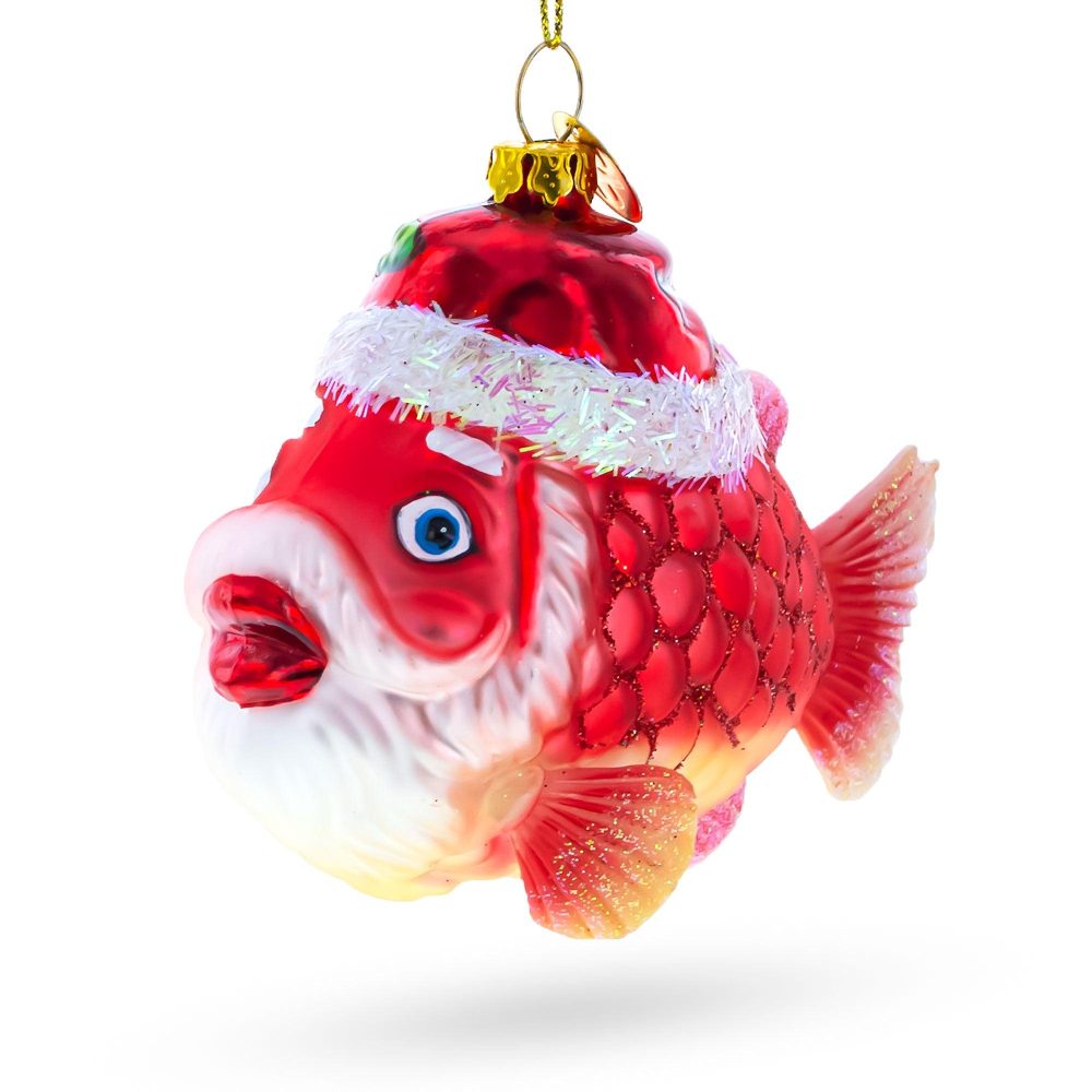 Grandpa Fish In Santa Hat Blown Glass Christmas Ornament  |   Animals Animals Animals