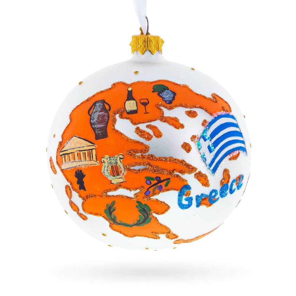 Greece Map And Symbols Glass Ball Christmas Ornament 4 Inches  |   Travel Ornaments Travel