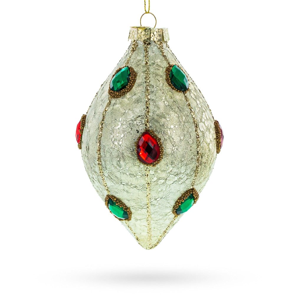 Green And Red Rhombus Blown Glass Christmas Ornament Adorned With Jewelry  |   Couturier Couturier Couturier