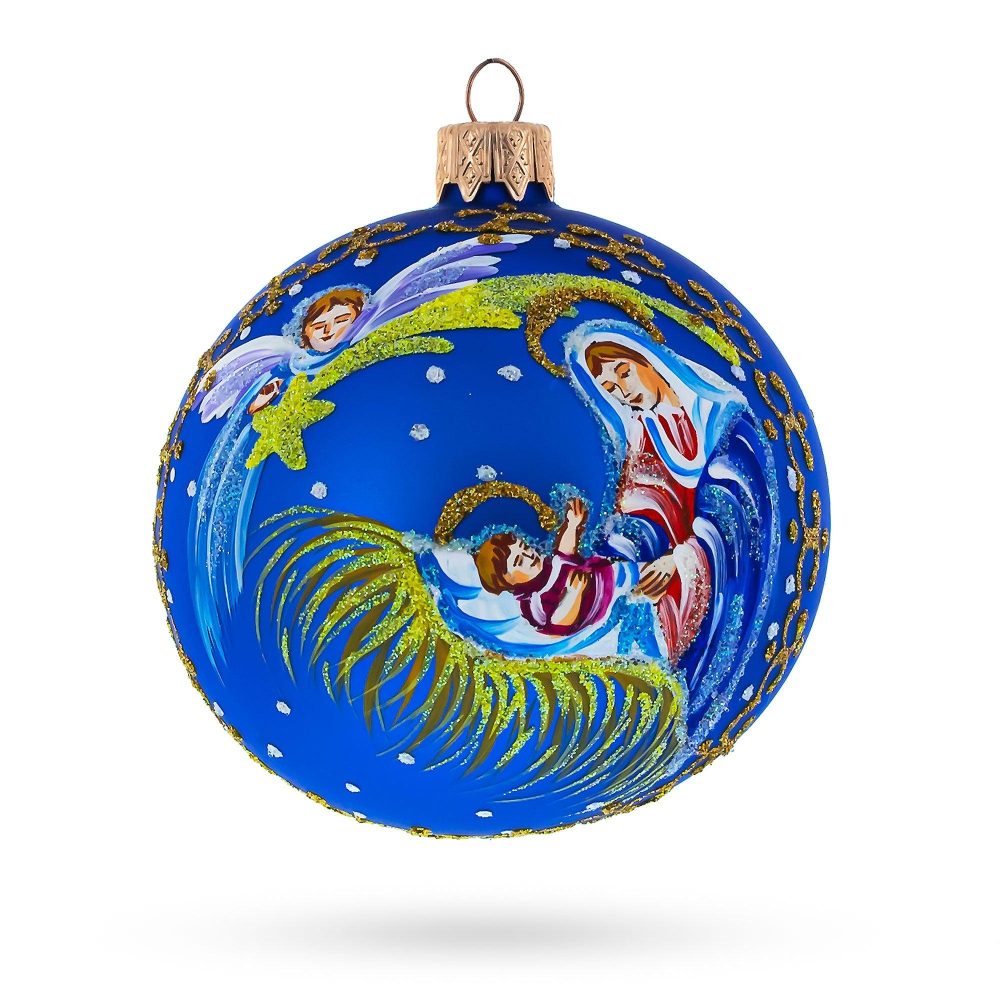 Guardian Angel Overlooking Baby Jesus Nativity Blown Glass Ball Christmas Ornament 3.25 Inches.  |   Religious Ornaments Ornaments Religious Ornaments