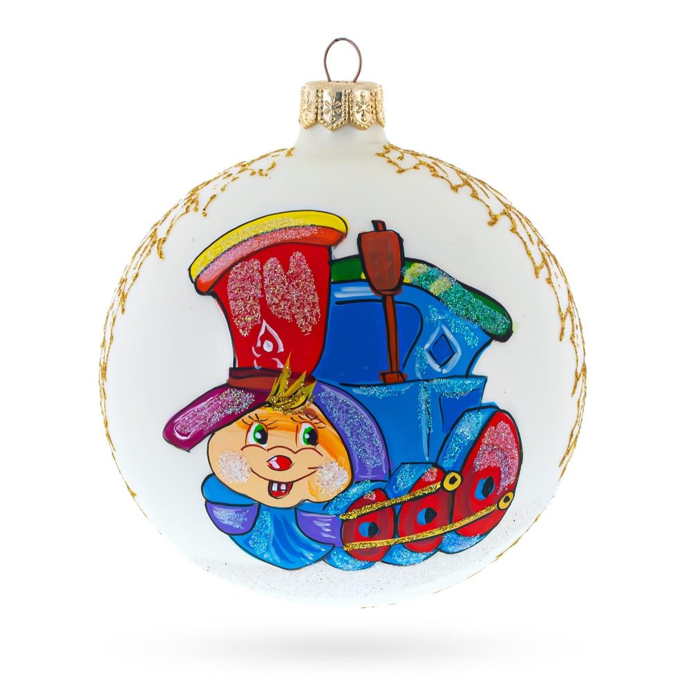 Happy Choo-Choo Train Blown Glass Ball Christmas Ornament 4 Inches  |   Personalized Ornaments Personalized