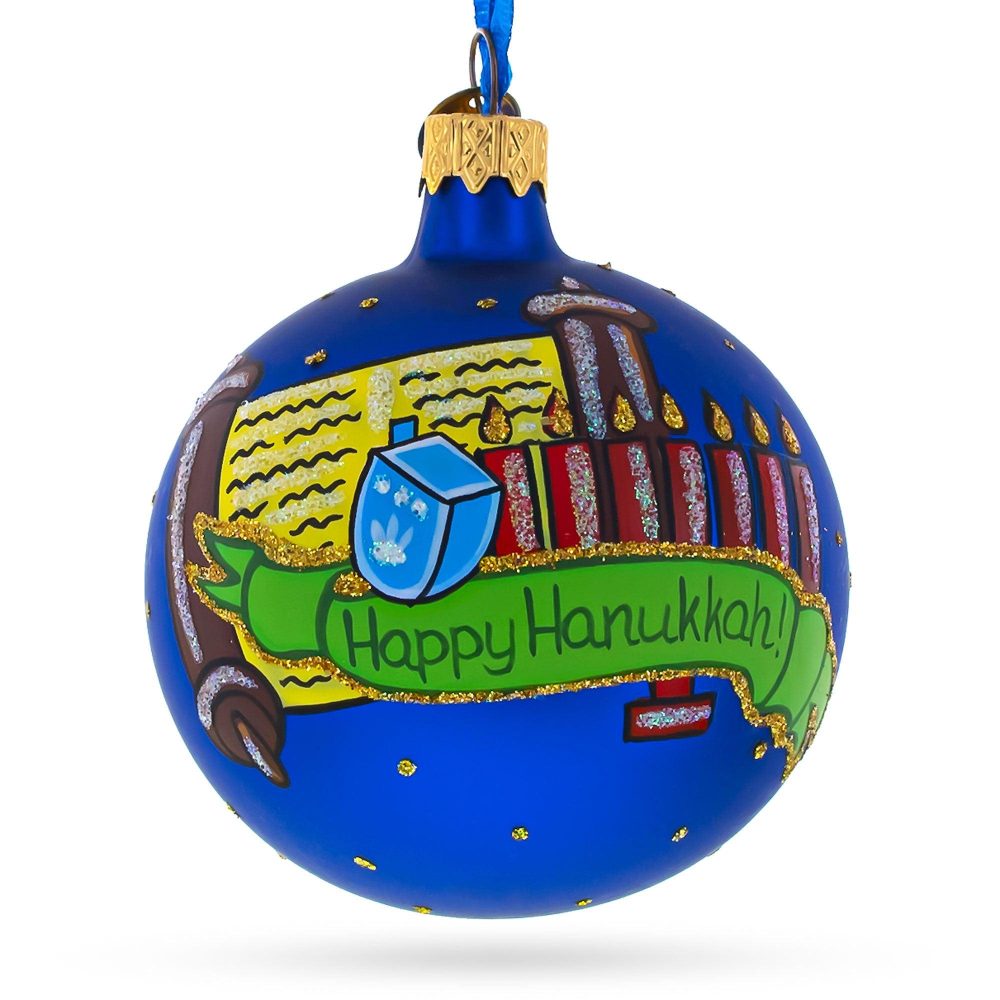 Happy Hanukkah Jewish Celebration Blown Glass Ball Ornament 3.25 Inches  |   Religious Ornaments Ornaments Religious Ornaments