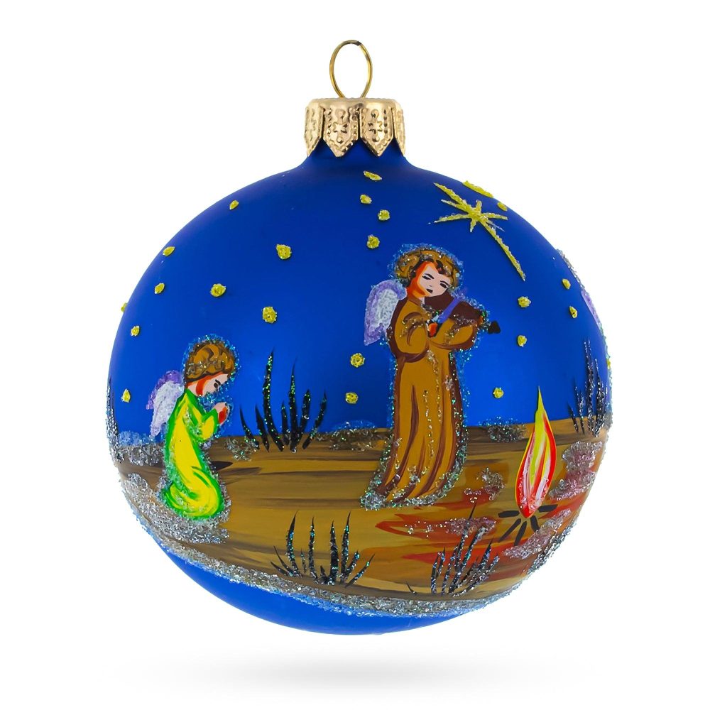 Heavenly Angels In The Night Nativity Scene Blown Glass Ball Christmas Ornament 3.25 Inches  |   Personalized Ornaments Personalized