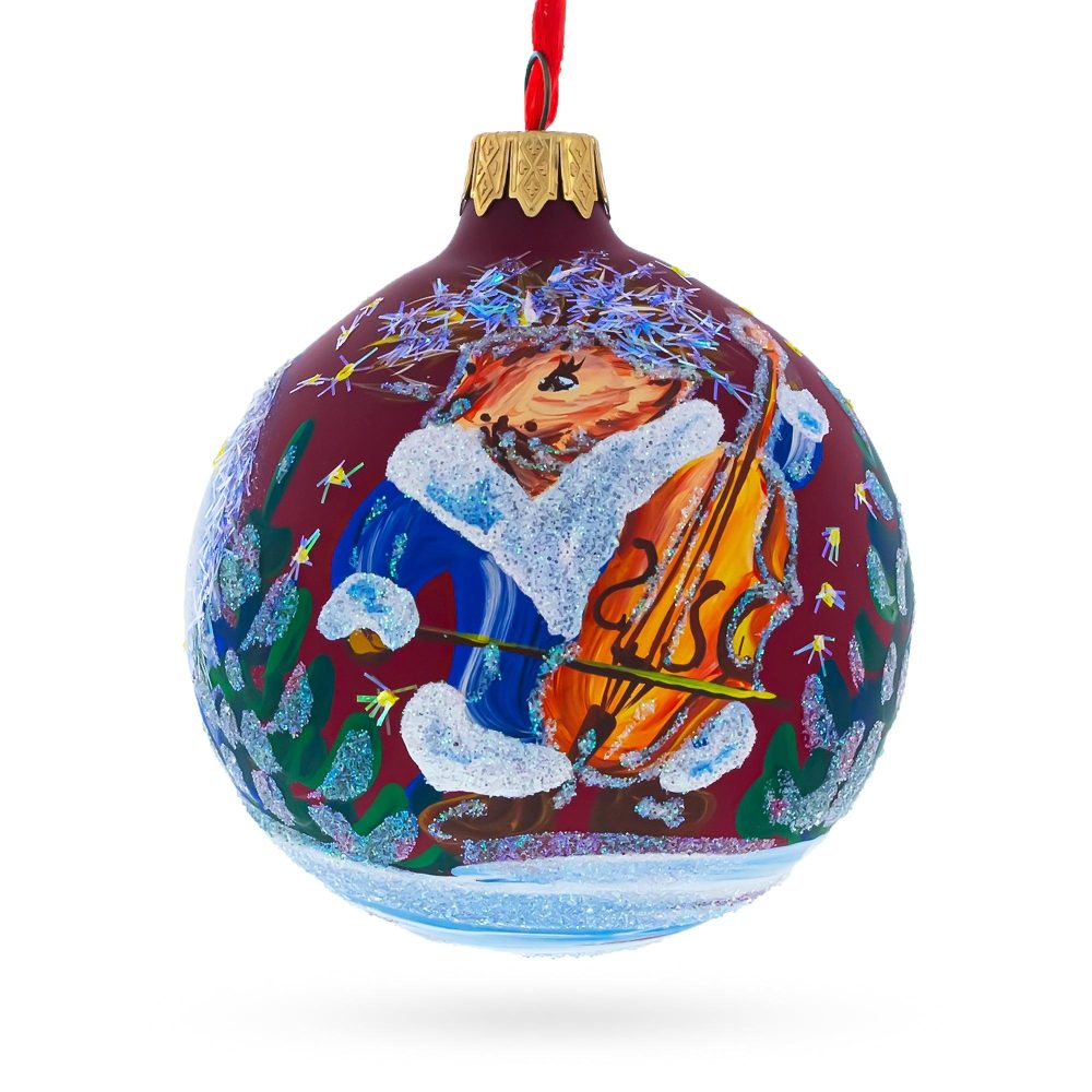 Hedgehog Serenading With Cello Blown Glass Ball Christmas Ornament 3.25 Inches  |   Animals Animals Animals