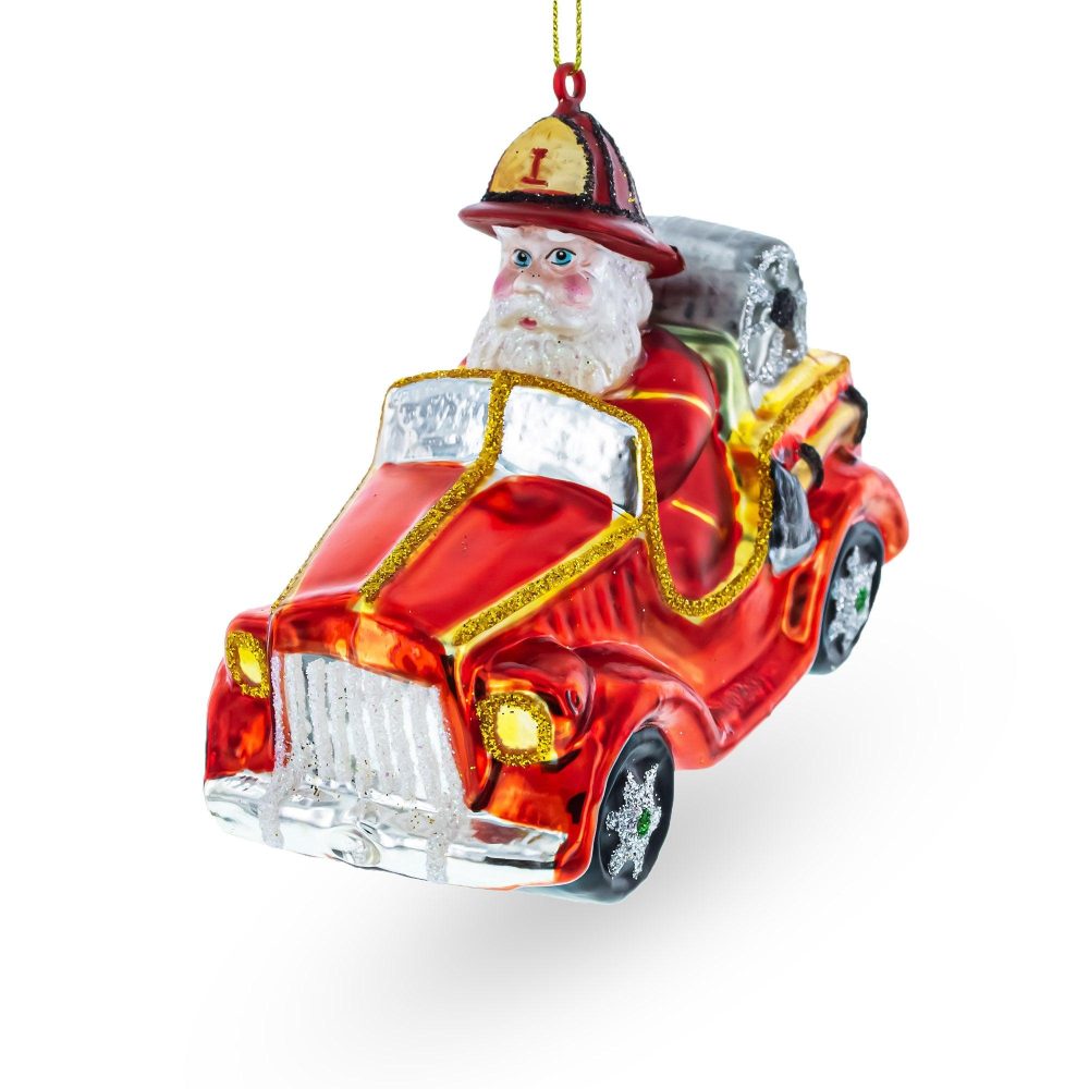 Heroic Santa Firefighter In Fireman Truck Blown Glass Christmas Ornament  |   Occupations Occupations Occupations