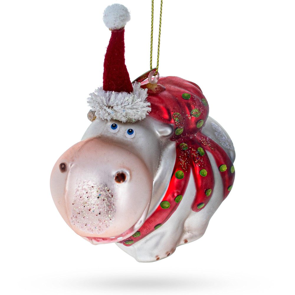 Hippo In Santa Hat Blown Glass Christmas Ornament  |   Animals Animals Animals