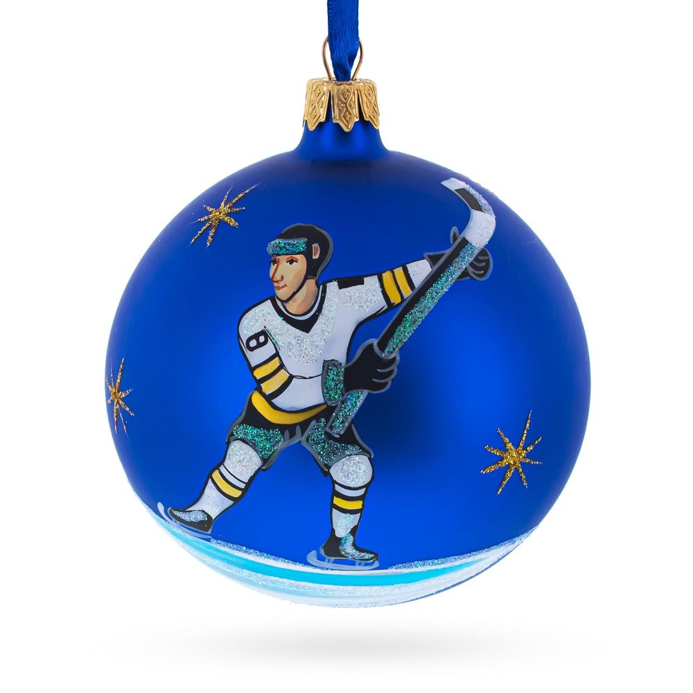 Hockey Player In Action On Blue Blown Glass Ball Christmas Sports Ornament 4 Inches  |   Personalized Ornaments Personalized