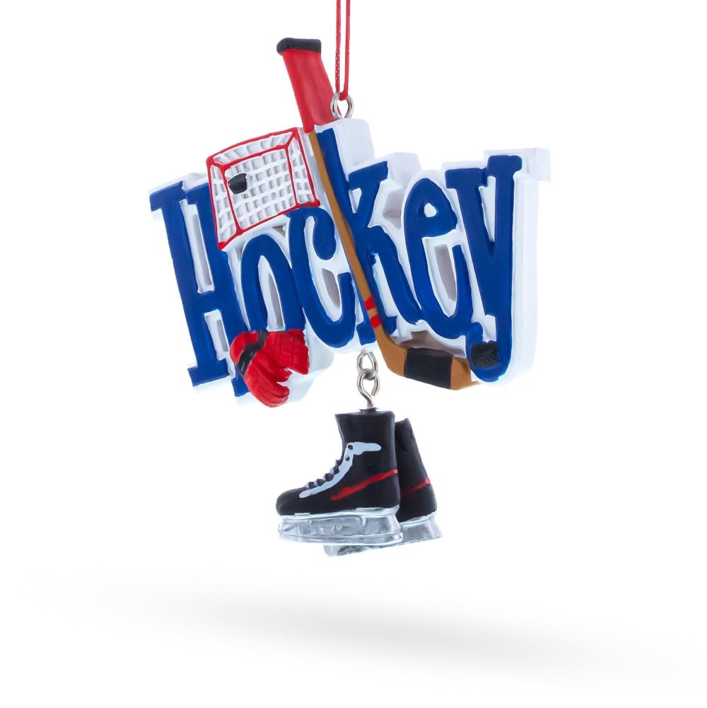 Hockey Word Art With Skates And Stick Resin Christmas Ornament  |   Personalized Ornaments Personalized