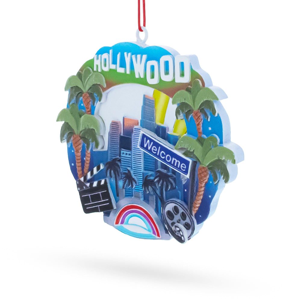 Hollywood Sign With Palm Trees And Film Reel Resin Christmas Ornament  |   Travel Ornaments Travel