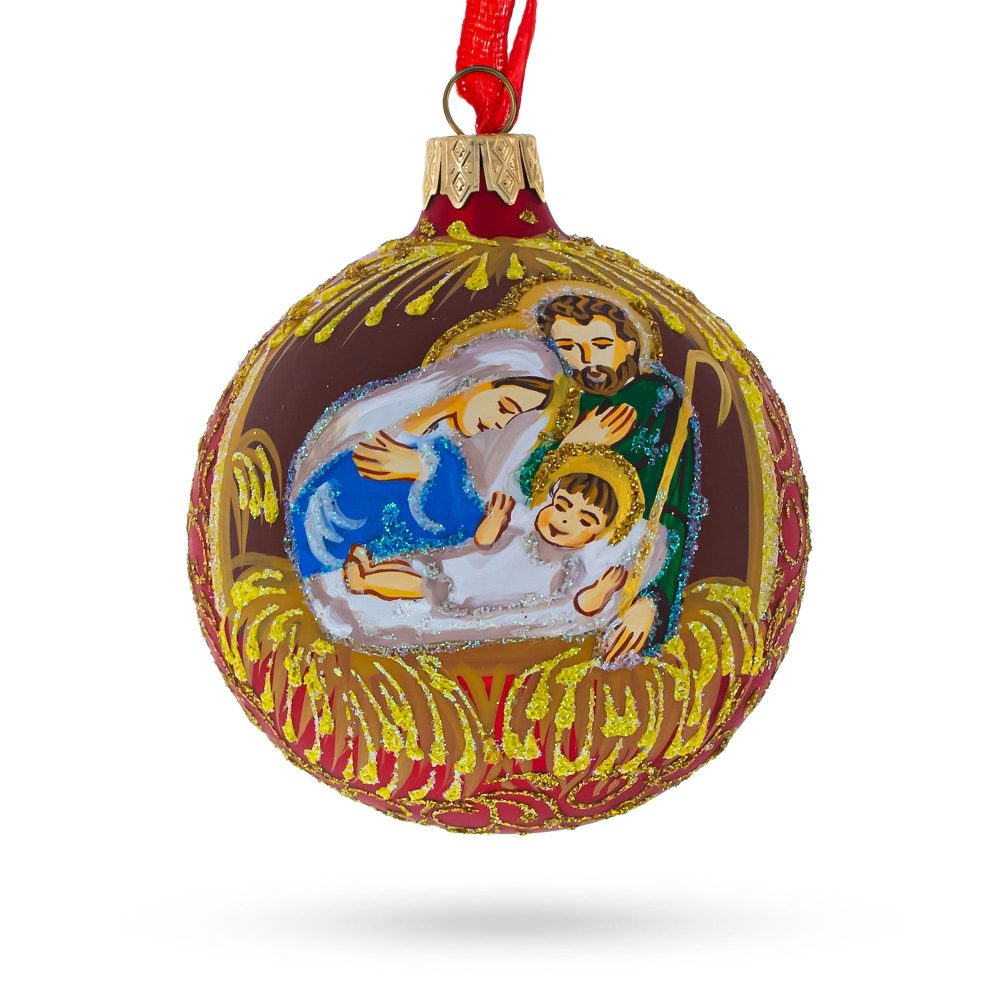 Holy Family Admires Jesus Nativity Scene Blown Glass Ball Christmas Ornament 3.25 Inches  |   Religious Ornaments Ornaments Religious Ornaments