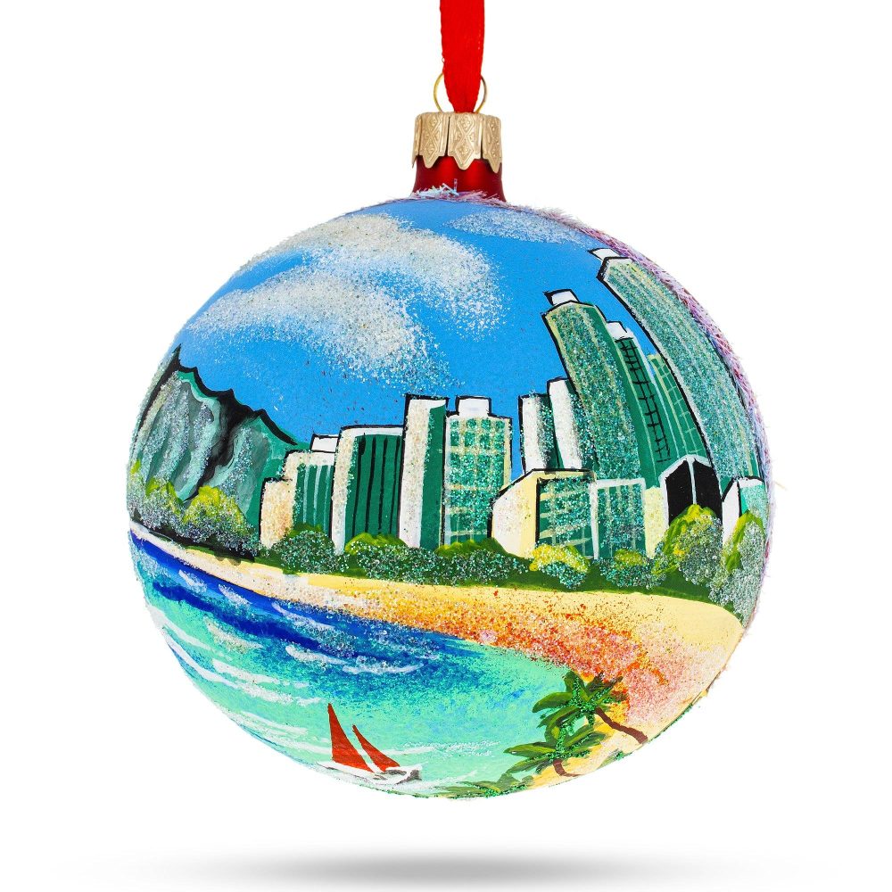 Honolulu, Hawaii Glass Ball Christmas Ornament 4 Inches  |   Travel Ornaments Travel