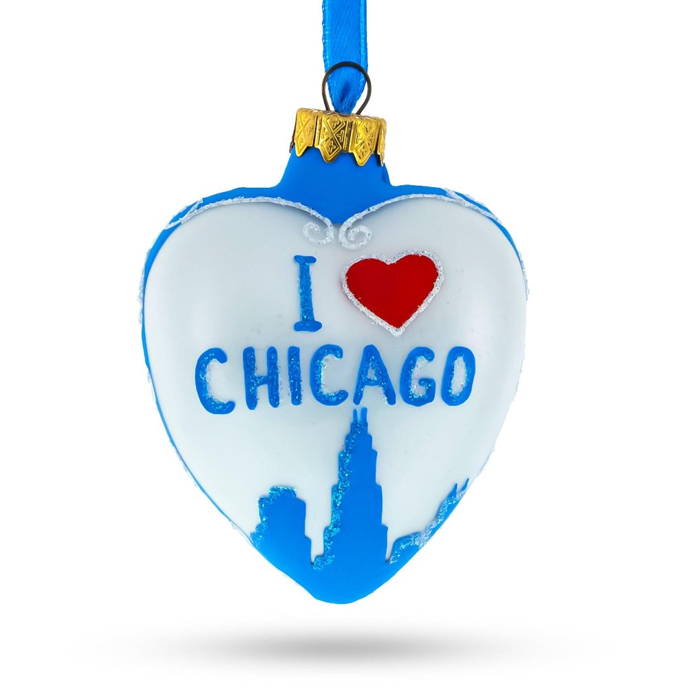 I Love Chicago Glass Heart Christmas Ornament  |   Travel Ornaments Travel