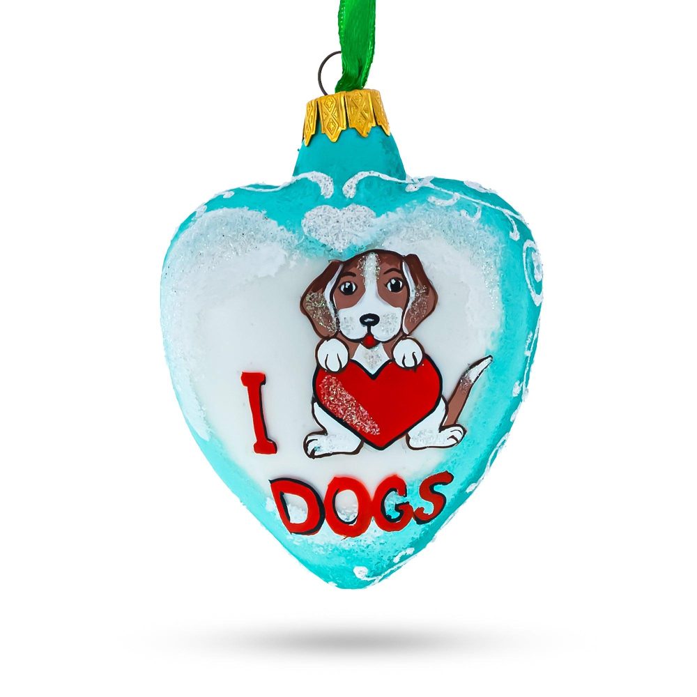 I Love Dogs Heart Glass Christmas Ornament  |   Hearts Hearts Hearts