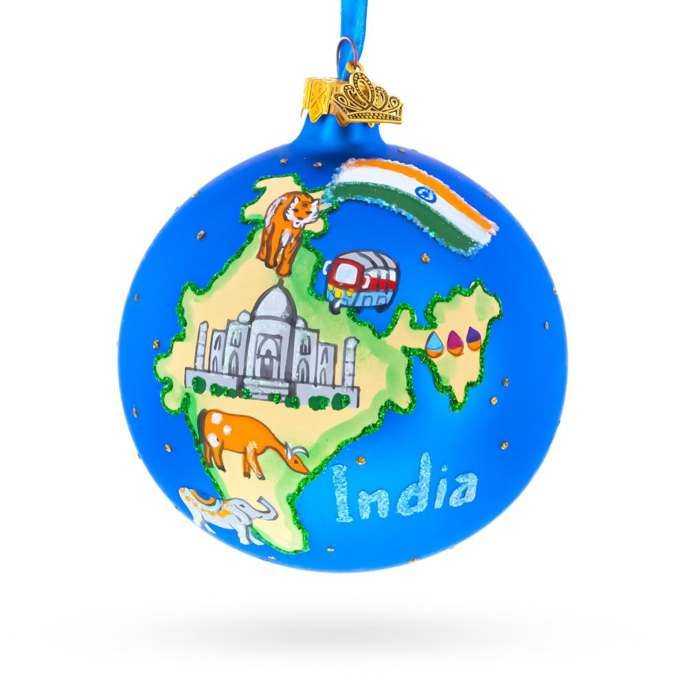 India Map And Symbols Glass Ball Christmas Ornament 4 Inches  |   Travel Ornaments Travel