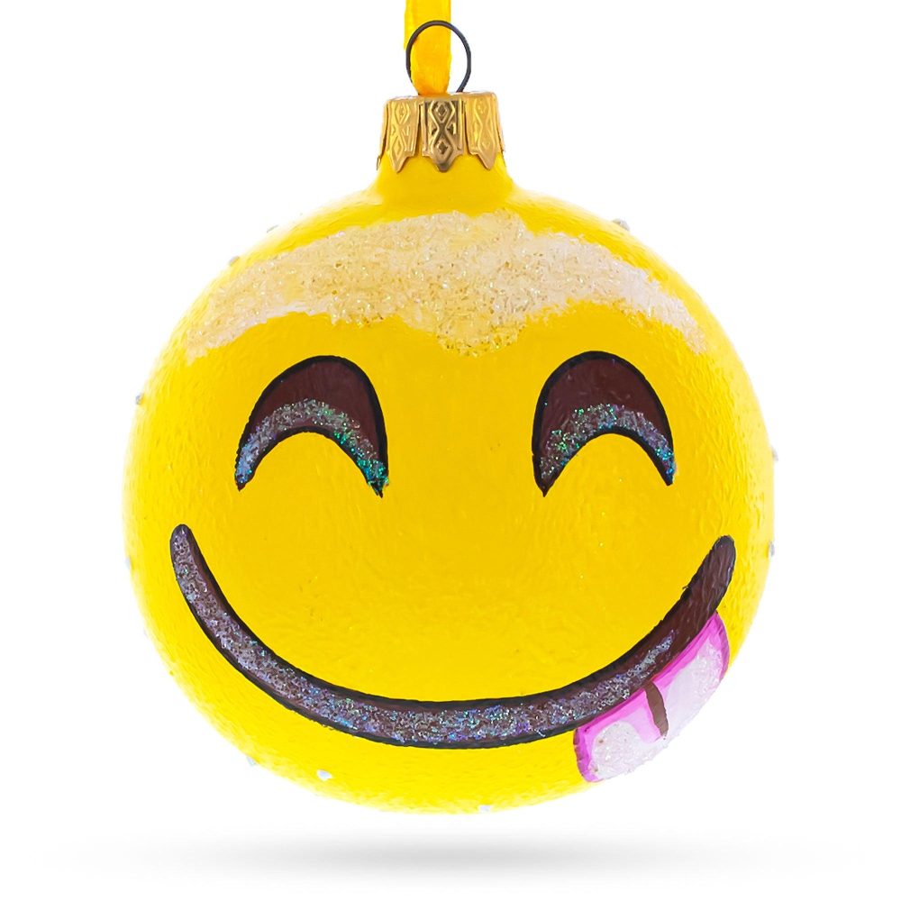 Indulging In Delight Savoring Delicious Food Blown Glass Ball Christmas Ornament 3.25 Inches  |   Facial Expressions Ornaments Facial Expressions