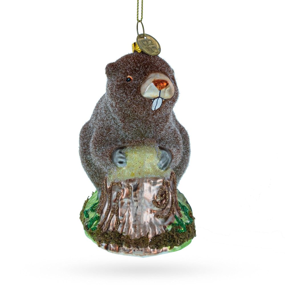 Industrious Beaver Holding A Log Glass Christmas Ornament  |   Animals Animals Animals