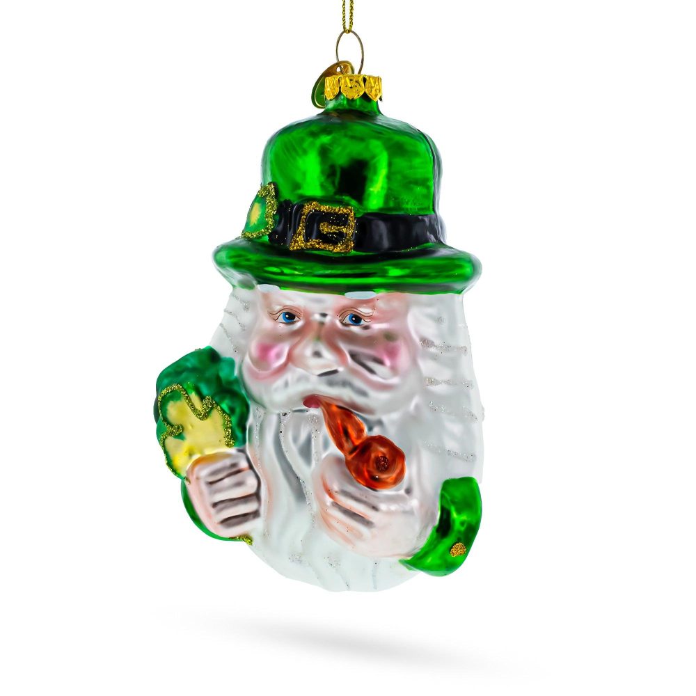 Irish Santa Holding A Pipe With Green Hat Blown Glass Christmas Ornament  |   Personalized Ornaments Personalized