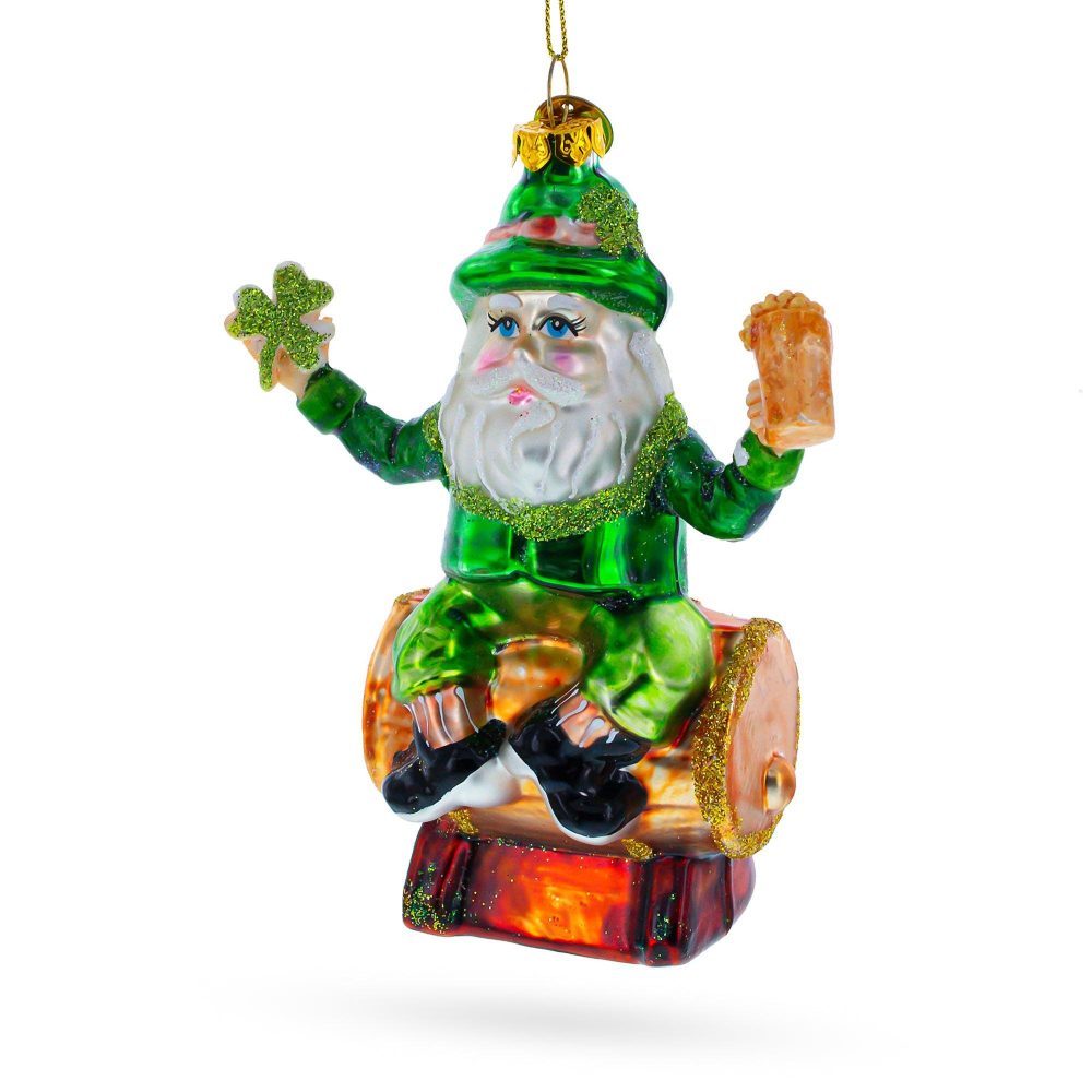 Irish Santa Sitting On A Whiskey Barrel Blown Glass Christmas Ornament  |   Personalized Ornaments Personalized