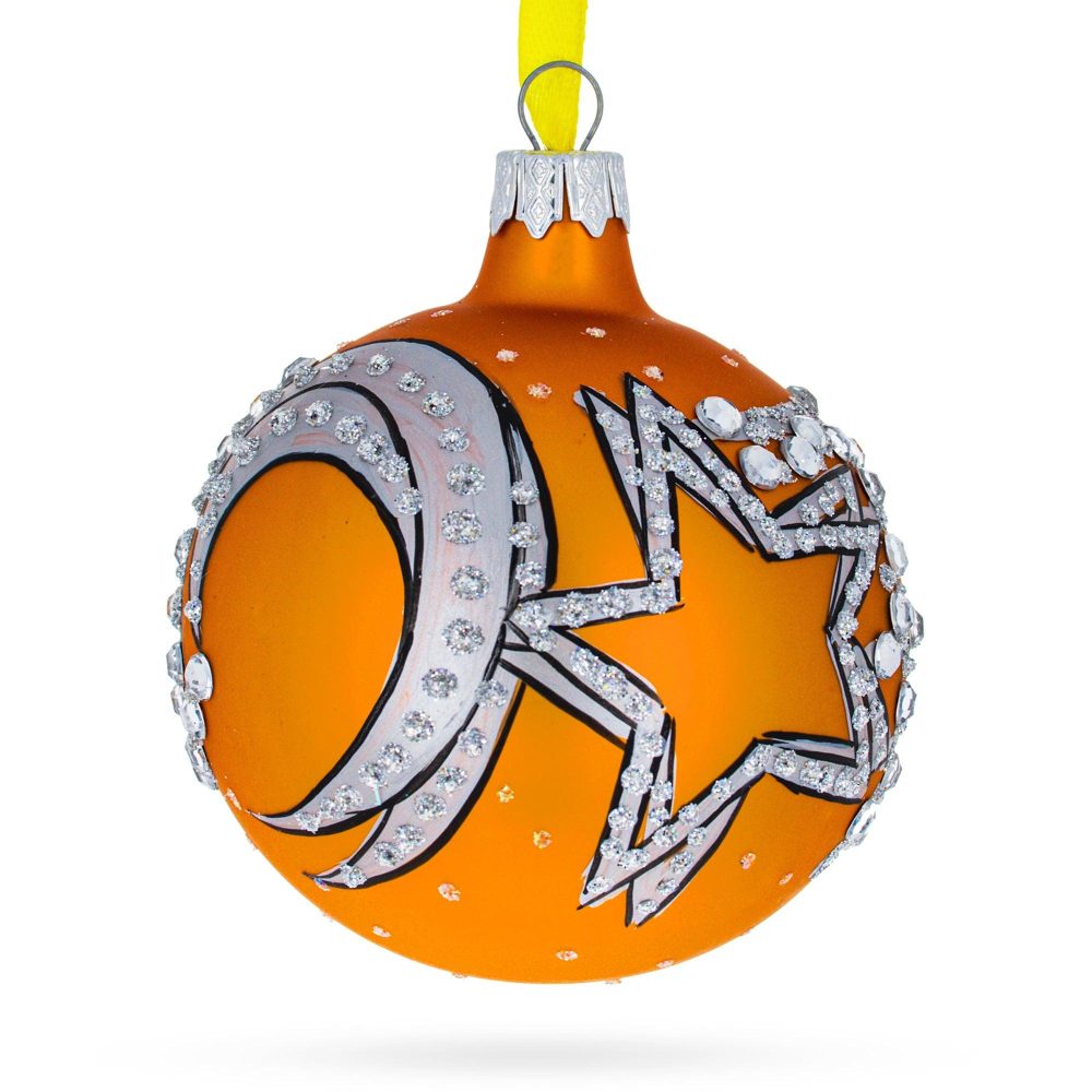 Italian Couturier Stars And Moons Design Blown Glass Ball Christmas Ornament 3.25 Inches  |   Couturier Couturier Couturier