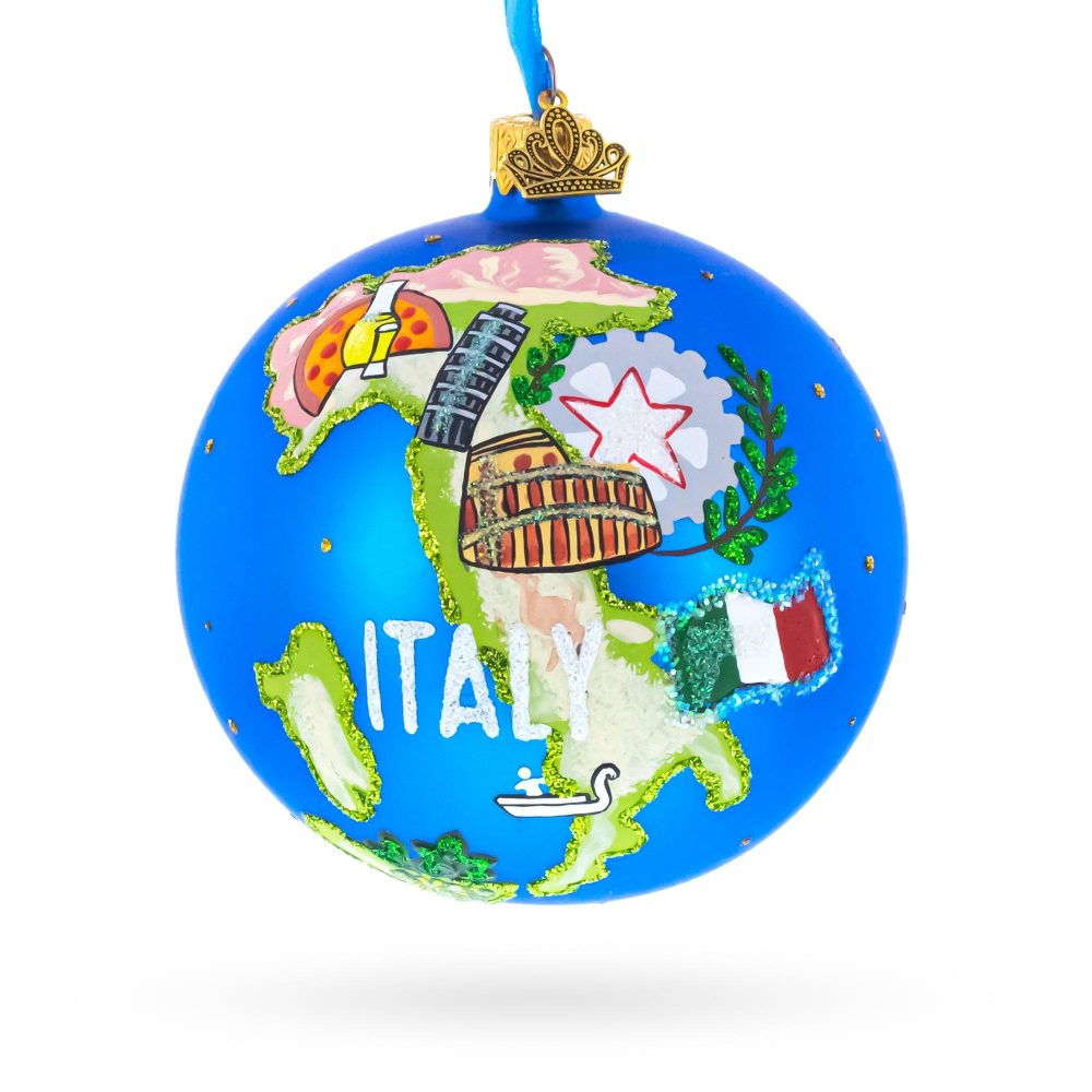 Italy Map And Symbols Glass Ball Christmas Ornament 4 Inches  |   Travel Ornaments Travel