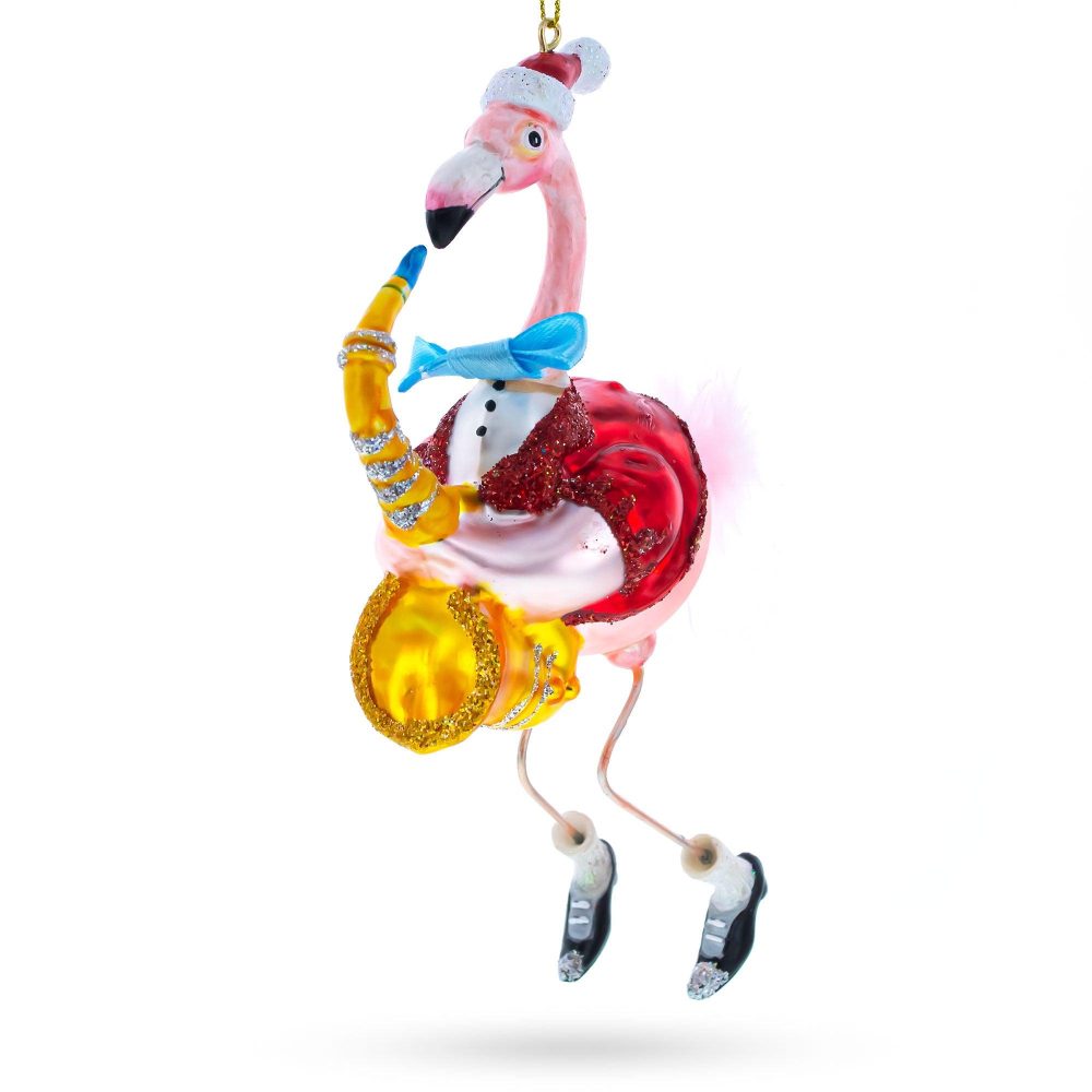 Jazz In The Tropics: Flamingo Playing Saxophone- Blown Glass Christmas Ornament  |   Animals Animals Animals