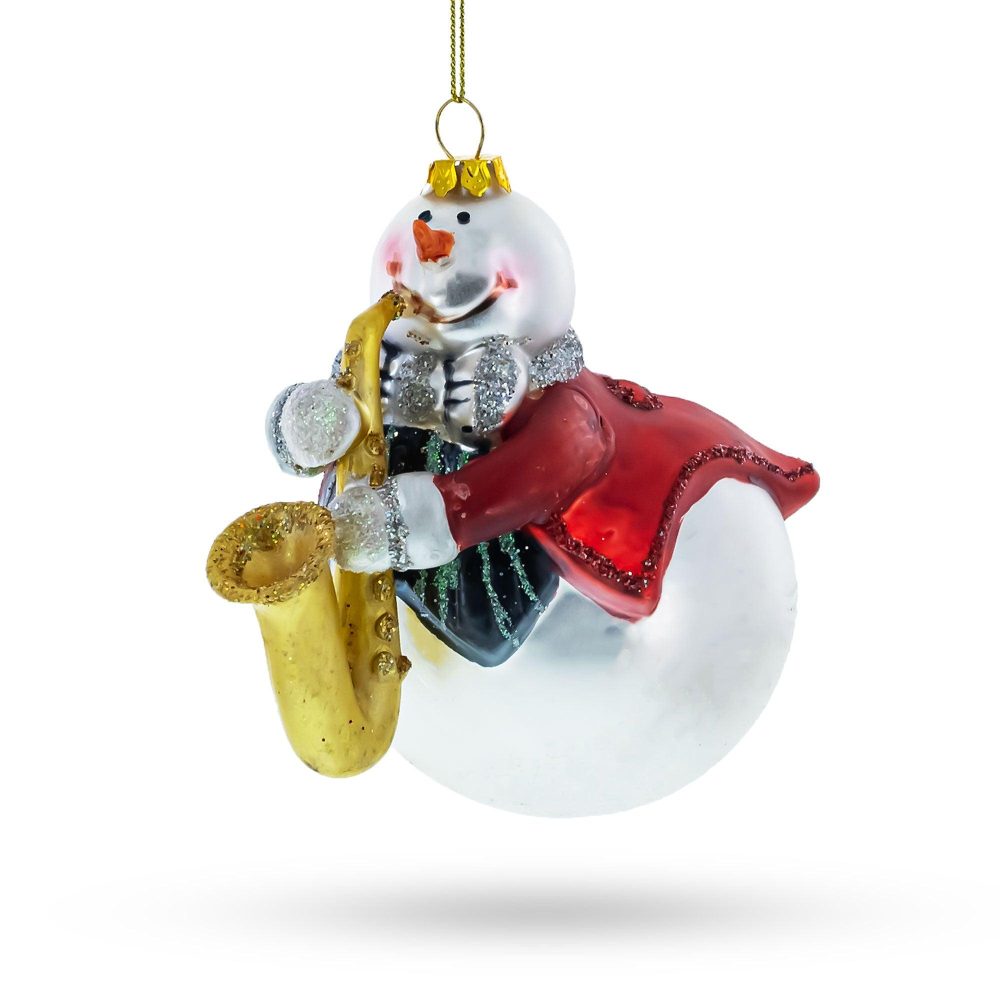 Jazzy Snowman Playing Saxophone Glass Christmas Ornament  |   Personalized Ornaments Personalized