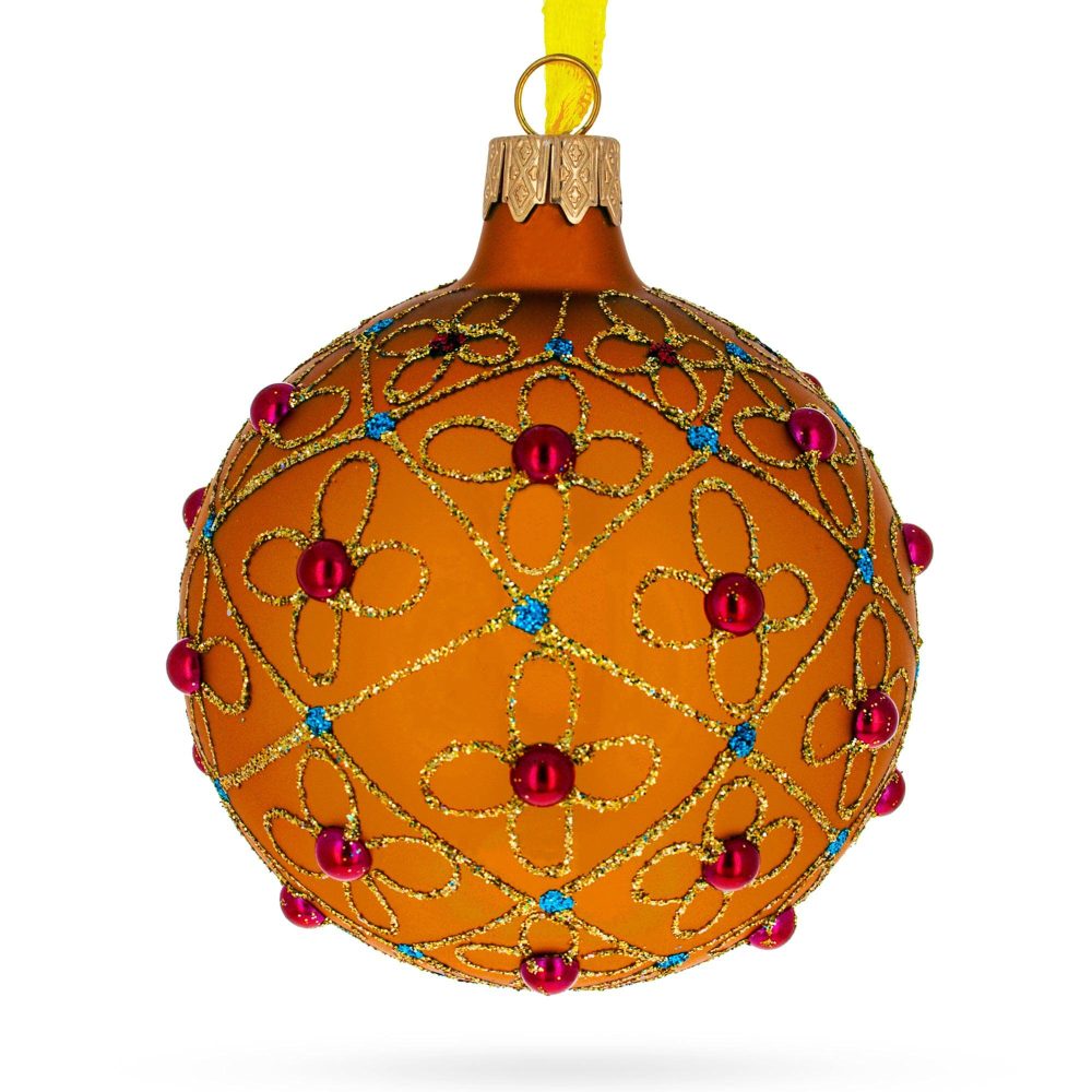 Jeweled Crosses On Gold Blown Glass Ball Christmas Ornament 3.25 Inches  |   Couturier Couturier Couturier