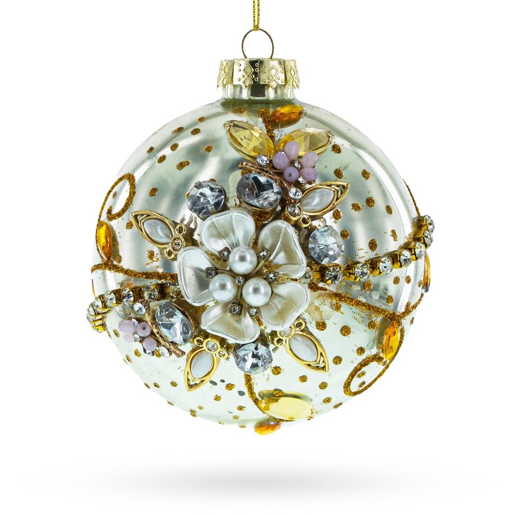 Jeweled Flowers Blown Glass Ball Christmas Ornament  |   Flowers Flowers Flowers