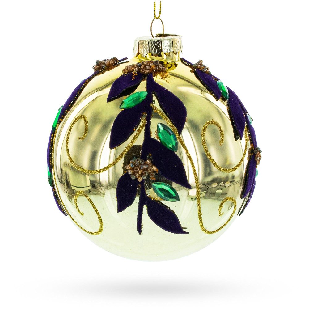 Jeweled Golden Ball Blown Glass Christmas Ornament  |   Flowers Flowers Flowers