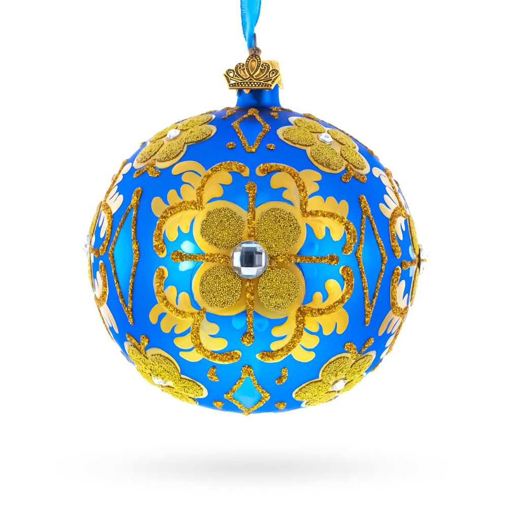 Jeweled Golden Leaves On Blue Glass  Ball Christmas Ornament 4 Inches  |   Flowers Flowers Flowers