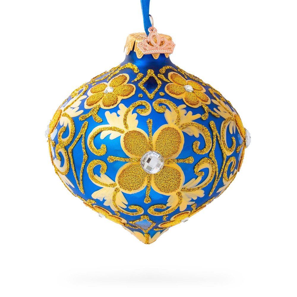 Jeweled Golden Leaves On Blue Glass Onion Finial Christmas Ornament  |   Finials Finials Finials