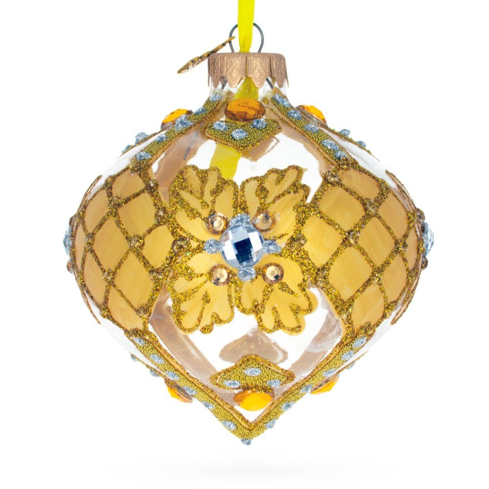 Jeweled Golden Leaves On Clear Glass Onion Finial Christmas Ornament  |   Finials Finials Finials