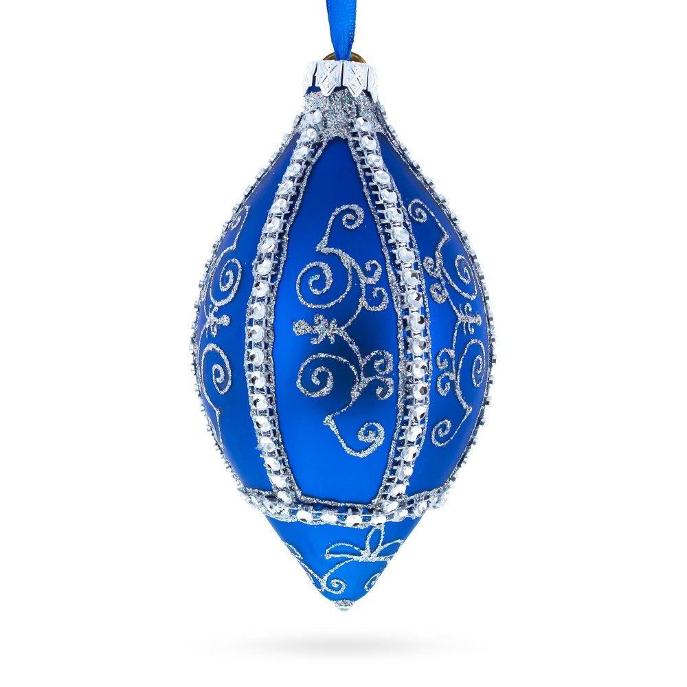 Jeweled Pattern On Blue Glass Rhombus Christmas Ornament  |   Finials Finials Finials