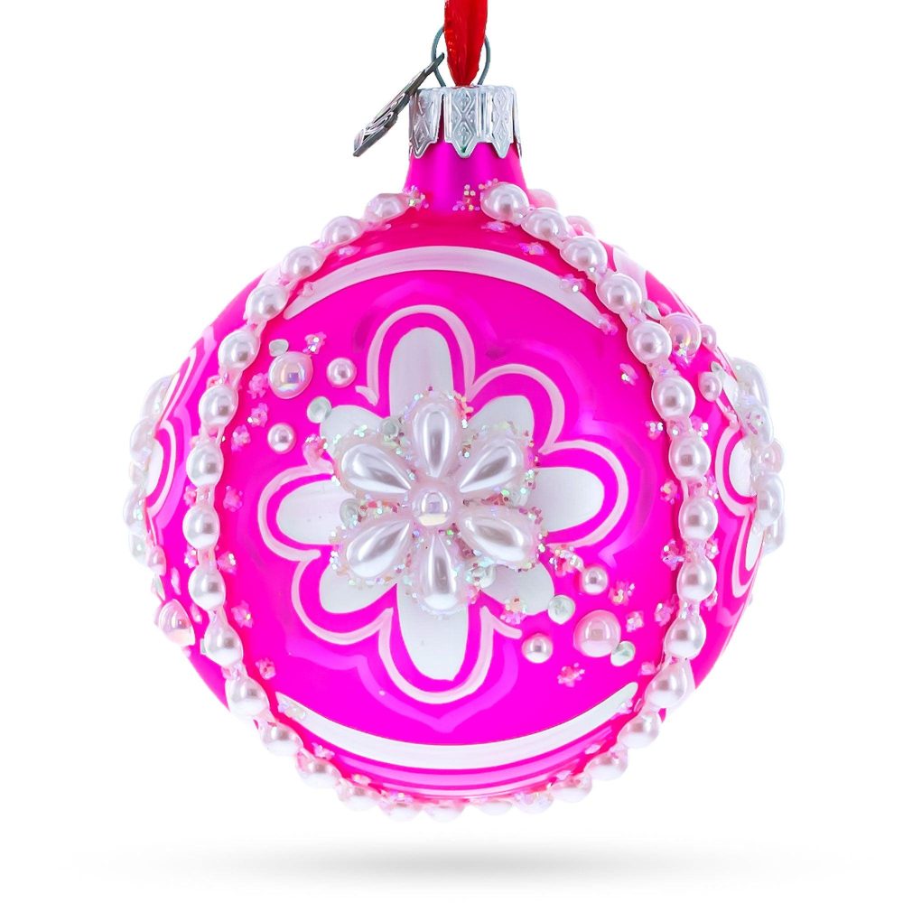 Jeweled Pearl Flowers On Pink Blown Glass Ball Christmas Ornament 3.25 Inches  |   Flowers Flowers Flowers