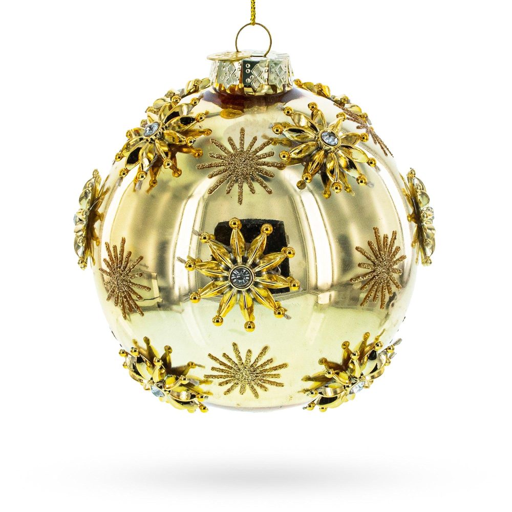 Jeweled Snowflakes Adorning A Golden Glossy Blown Glass Ball Christmas Ornament  |   Couturier Couturier Couturier