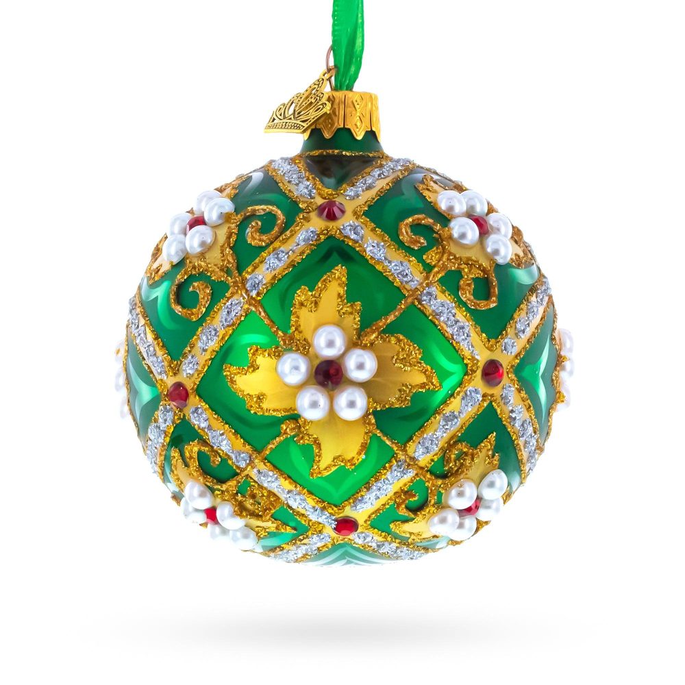 Jewels On Green Glass Ball Christmas Ornament 3.25 Inches  |   Couturier Couturier Couturier