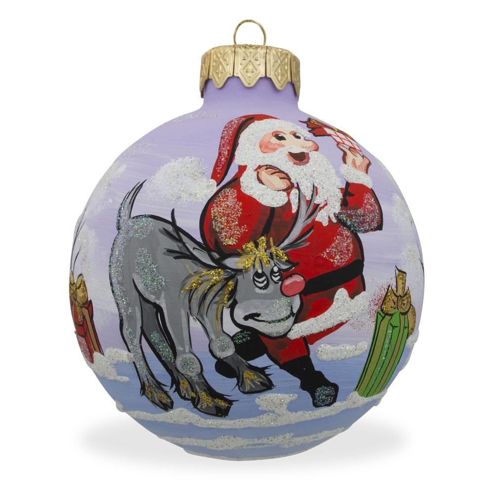 Jolly Journey: Santa And Reindeer Delivering Presents Blown Glass Ball Christmas Ornament 3.25 Inches  |   Personalized Ornaments Personalized