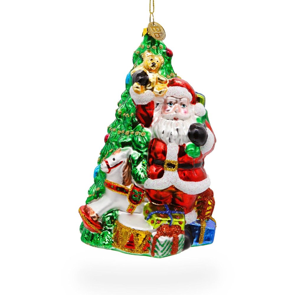 Jolly Santa By Tree Blown Glass Christmas Ornament  |   Santa Ornaments Santa