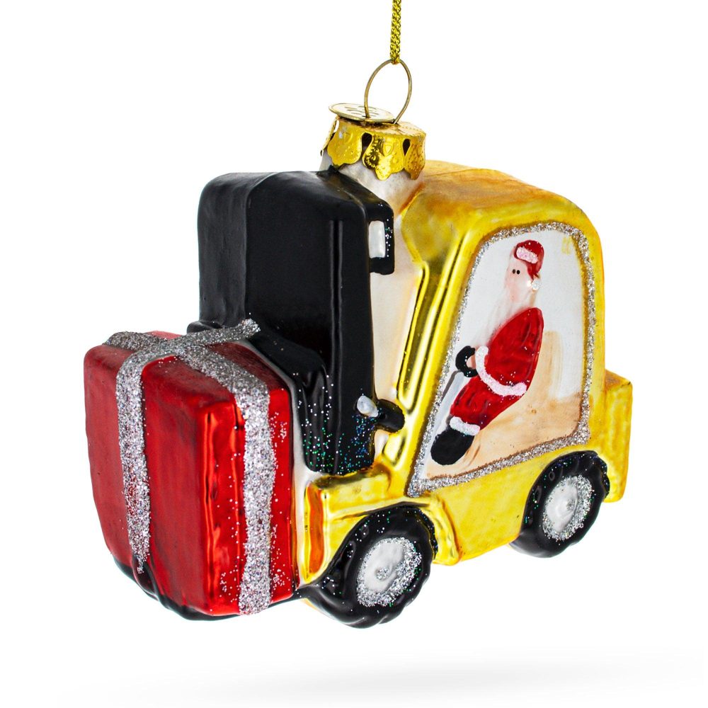 Jolly Santa Riding Forklift Blown Glass Christmas Ornament  |   Personalized Ornaments Personalized