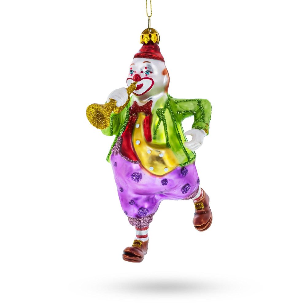 Jovial Clown Performing On Trumpet Glass Christmas Ornament  |   Baby Baby Baby