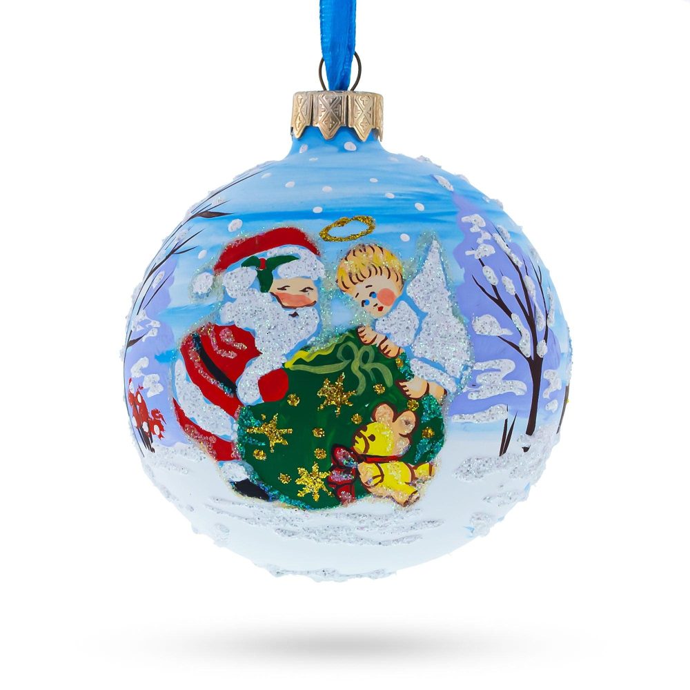 Joyful Angel Helping Santa With Christmas Gifts Blown Glass Ball Christmas Ornament 3.25 Inches  |   Personalized Ornaments Personalized