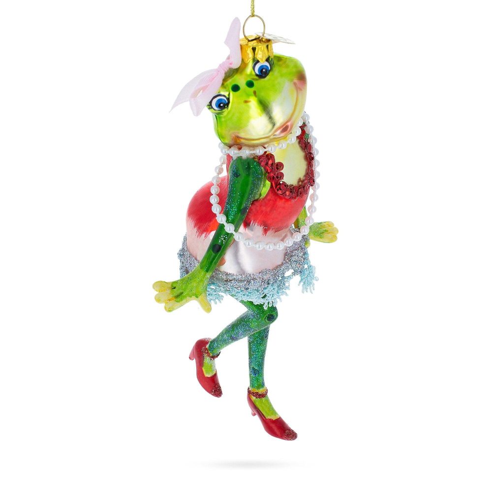 Joyful Frog In Dress Dancing Blown Glass Christmas Ornament  |   Animals Animals Animals