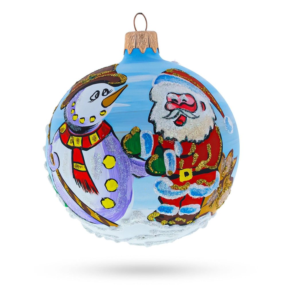 Joyful Laughing Santa With Snowman Blown Glass Ball Christmas Ornament 3.25 Inches  |   Personalized Ornaments Personalized