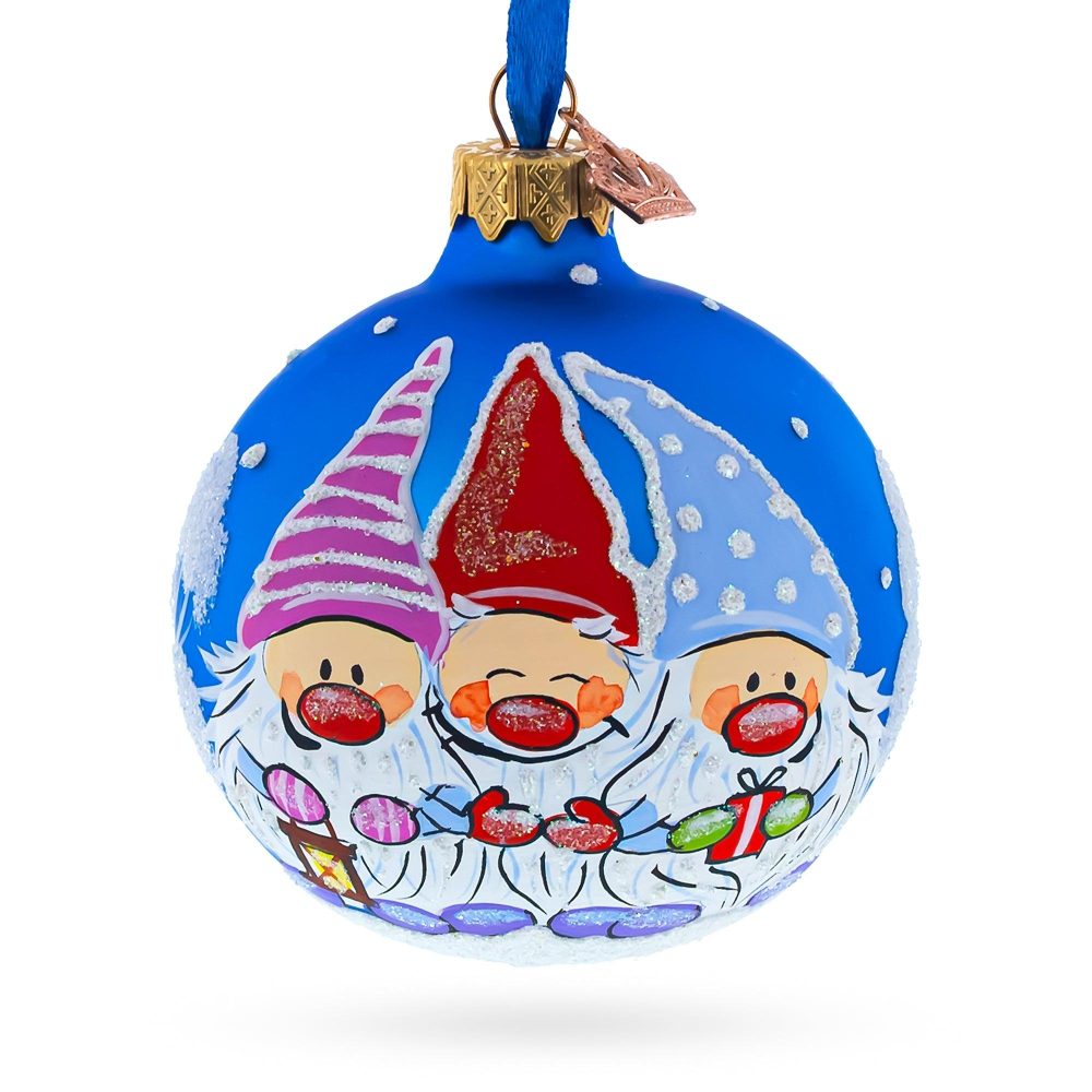 Joyful Trio Of Gnomes Blown Glass Ball Christmas Ornament 3.25 Inches  |   Personalized Ornaments Personalized