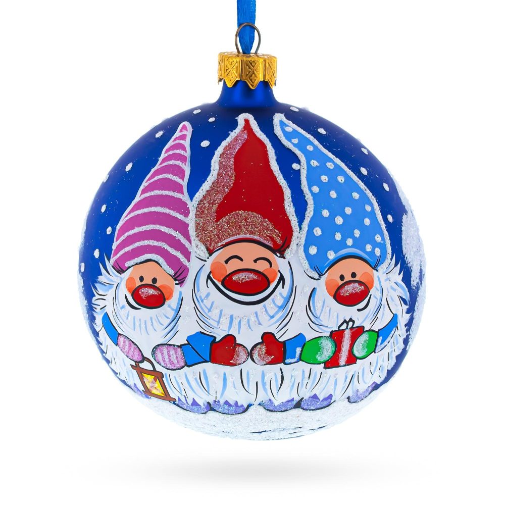 Joyful Trio Of Gnomes Blown Glass Ball Christmas Ornament 4 Inches  |   Fairy Tales Fairy Tales Fairy Tales